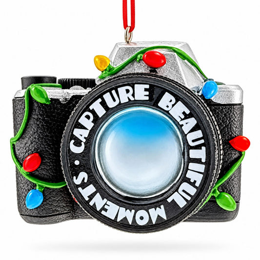 Ornement de Noël en résine : appareil photo noir vintage avec guirlande lumineuse