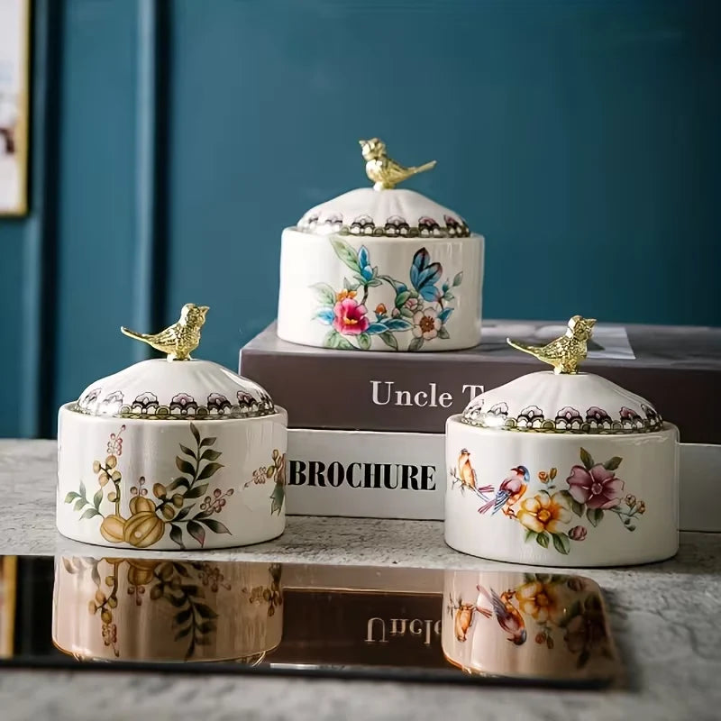 Floral Songbird Ceramic Storage Jar