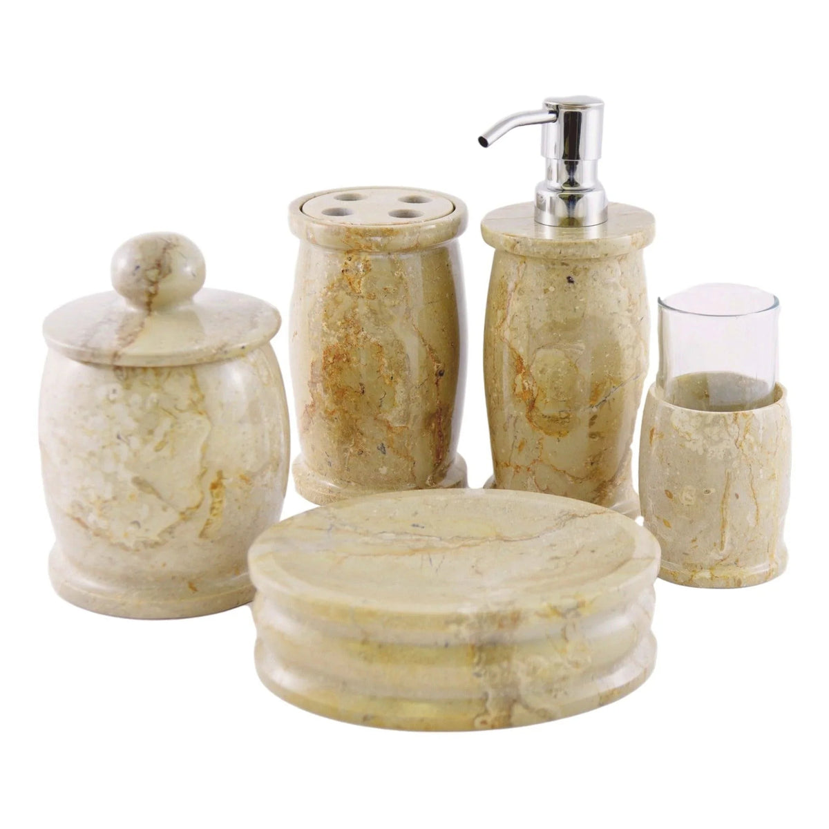 Elegant Bathroom Accessory Set of  Sahara Beige Marble - Pacific Collection