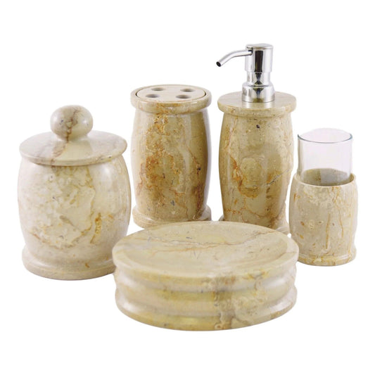 Elegant Bathroom Accessory Set of  Sahara Beige Marble - Pacific Collection