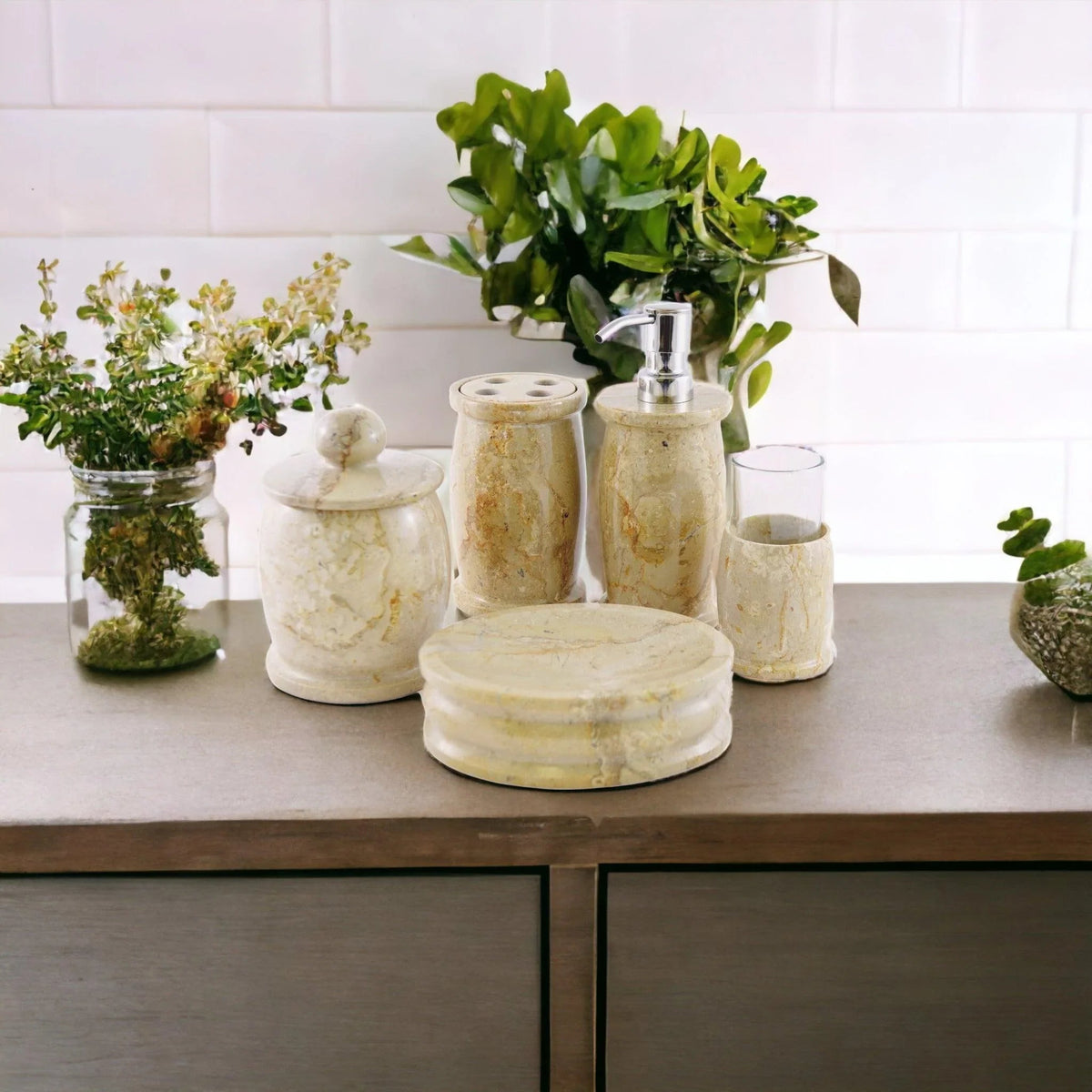 Elegant Bathroom Accessory Set of  Sahara Beige Marble - Pacific Collection