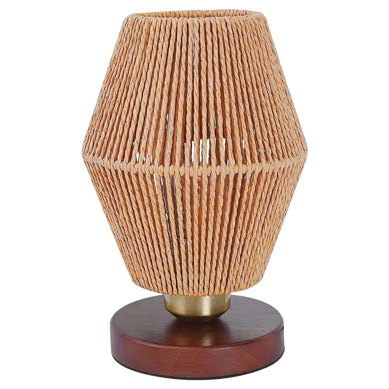 Hemp Rope Woven Table Lamp | Rustic Wooden Base Desk Light