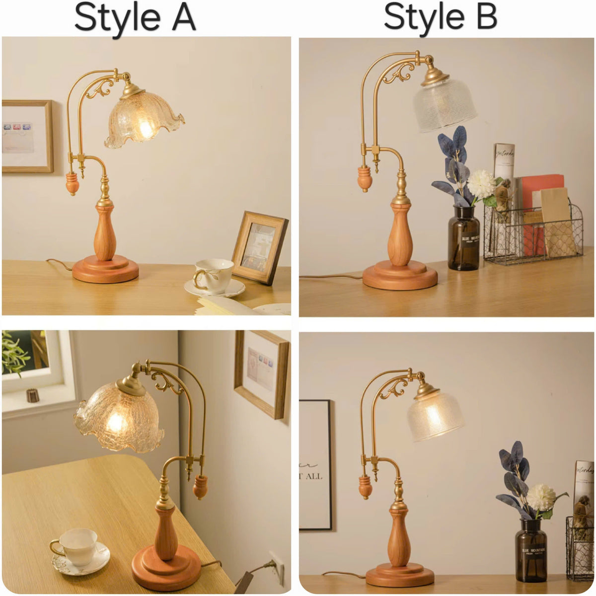 Vintage Goose-Neck Glass & Wood Table Lamp | Retro Desk Light