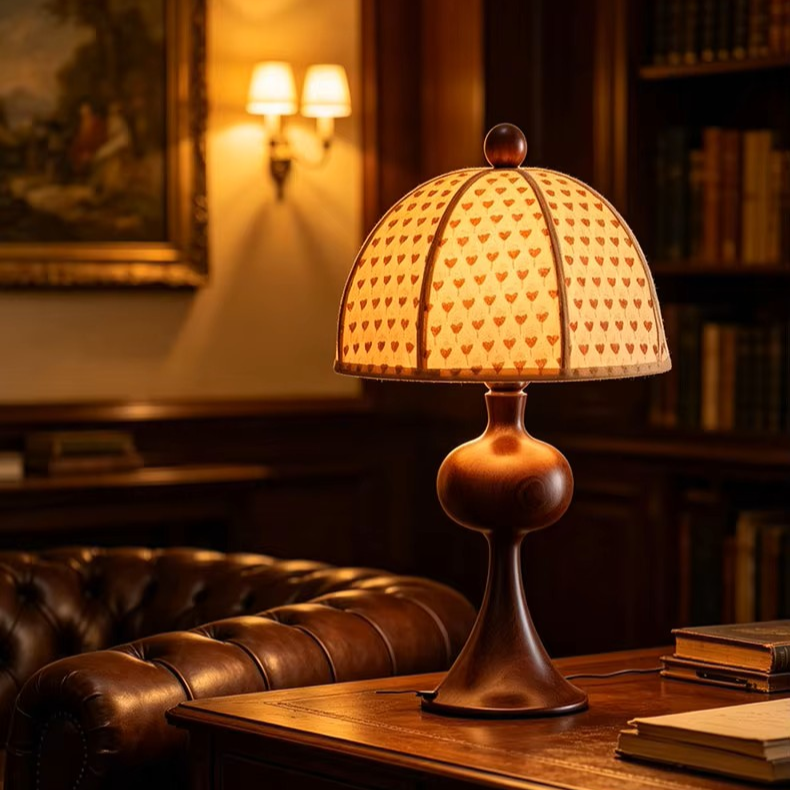 Classic Printed Fabric Shade Bedside Lamp with Carved Wooden Base