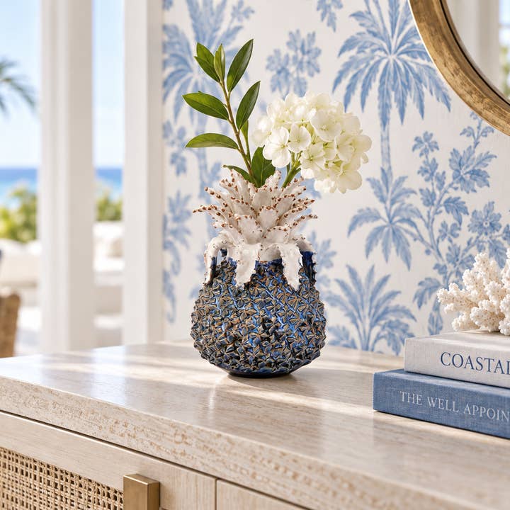 Medium Blue & White Pineapple Ceramic Vase