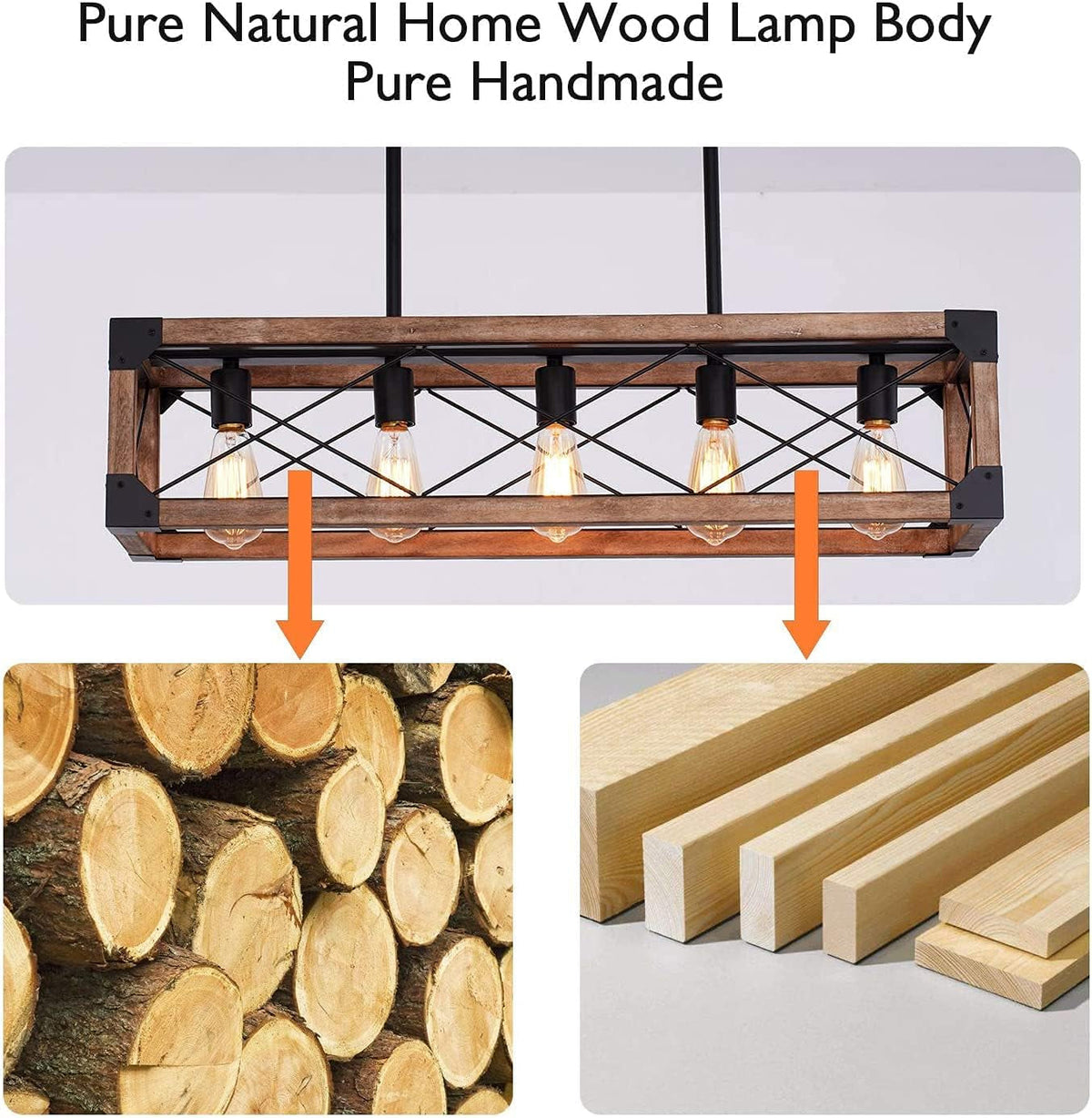5 Lights Farmhouse Wood Linear Chandelier
