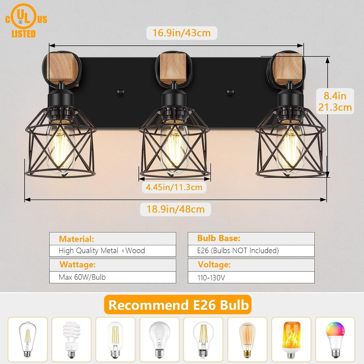 3-Light Wood Farmhouse Vanity Light
