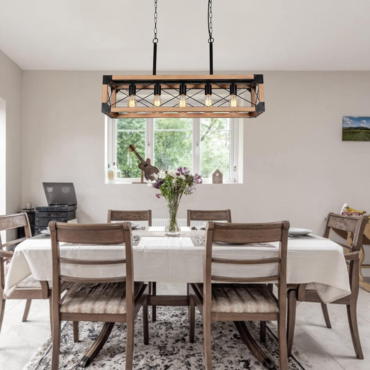 5 Lights Farmhouse Wood Linear Chandelier