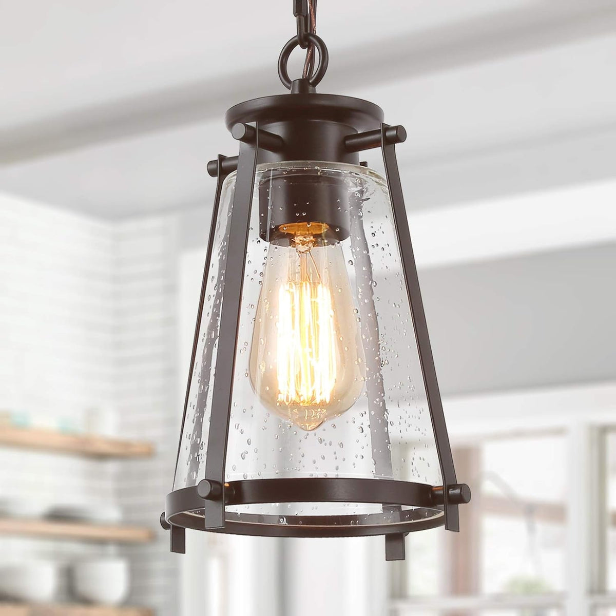 Farmhouse Pendant Lighting with Seeded Glass Shade