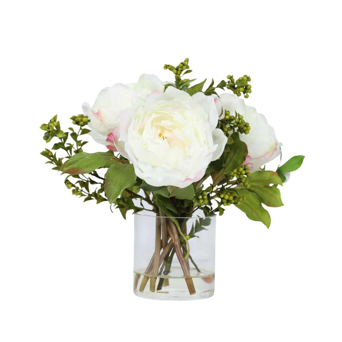 Faux Peony Arrangement In Glass Vase - 10"