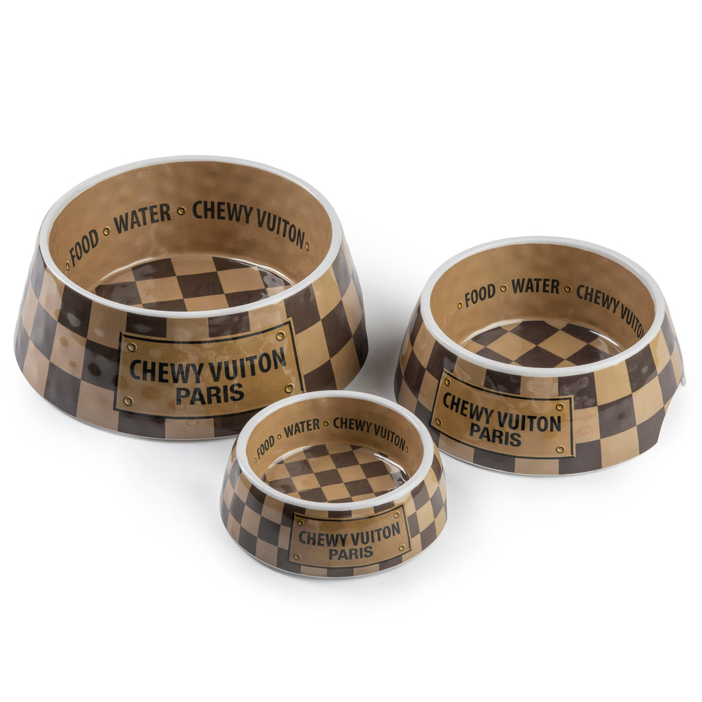 Tan Checker Chewy Vuiton Bowl - Cat or Dog Bowls