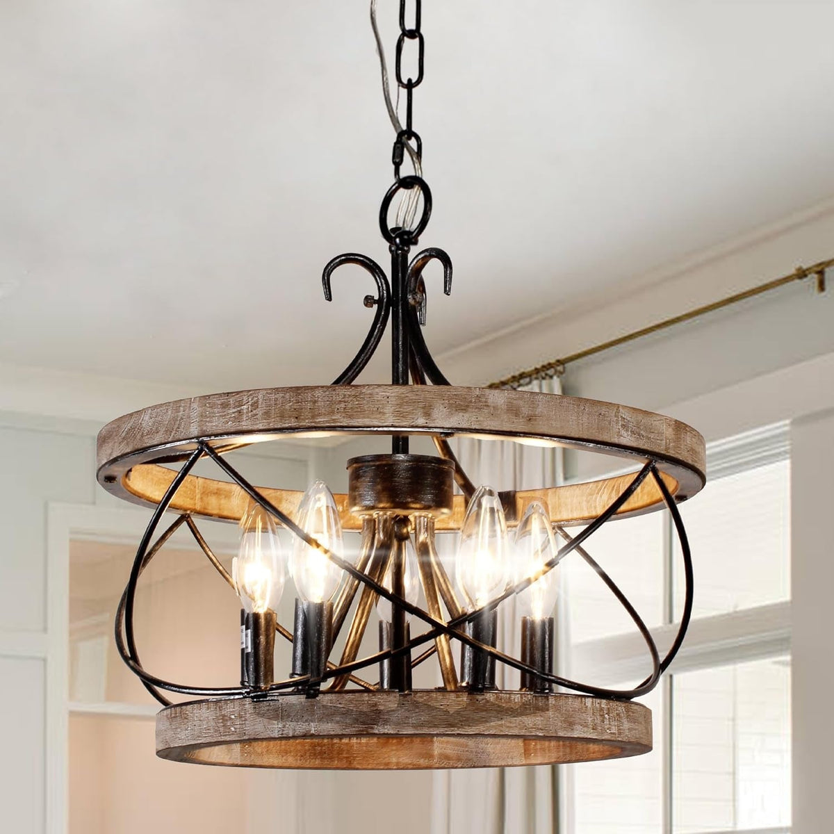 5-Light Farmhouse Drum Wood Chandelier