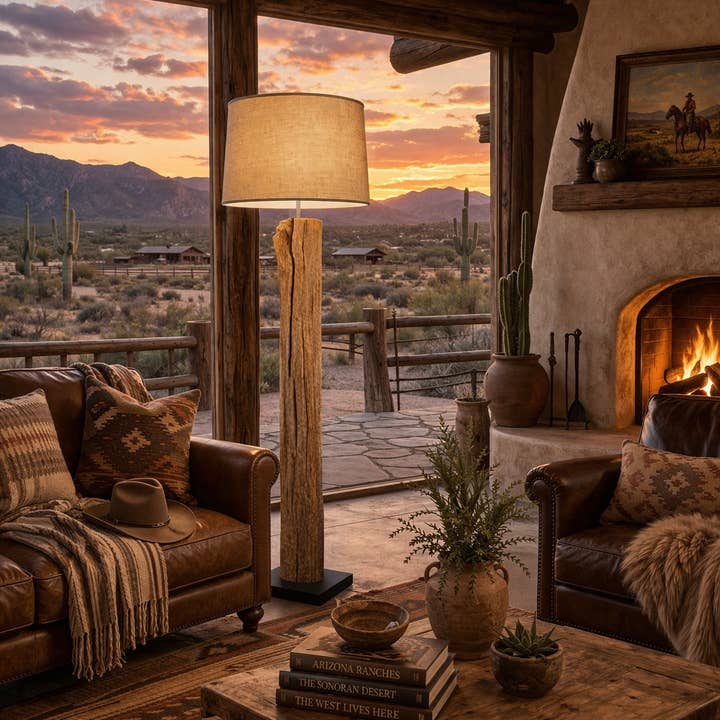 Rustic Teak Driftwood Floor Lamp Linen Shade