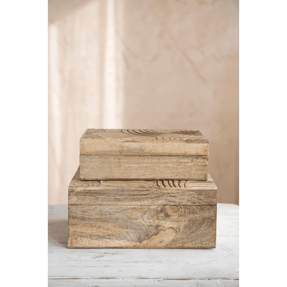 Hand-Carved Mango Wood Storage Boxes, Set of 2