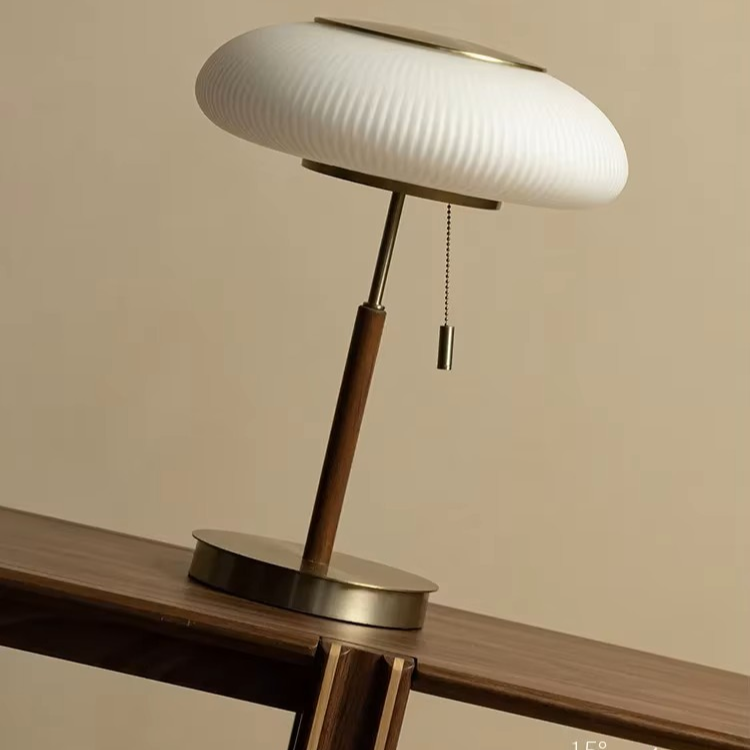 Pleated Glass & Wood Table Lamp | Vintage Brass Desk Light