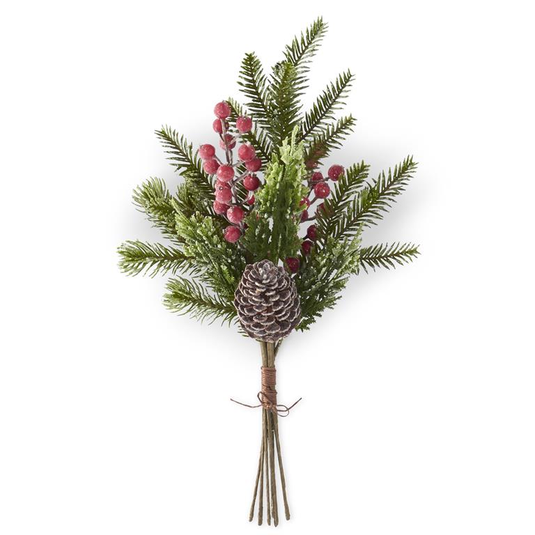 19 Inch Glittered Icy Mixed Pine Bundle with Red Berries & Pinecones – Christmas Greenery