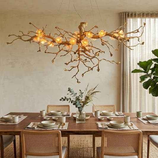 Lustre fleur en verre avec branche d'arbre dorée
