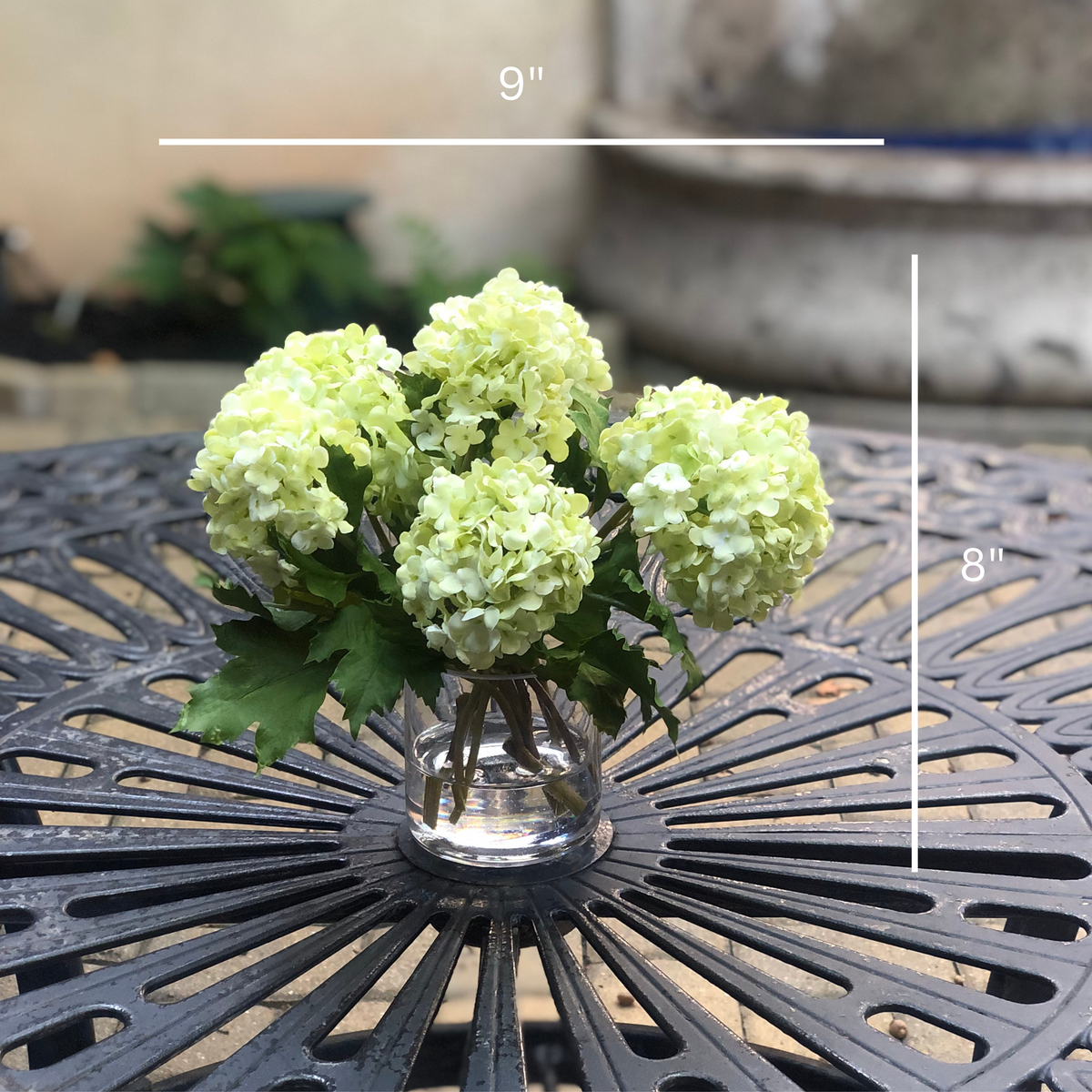 Real touch green hydrangea arrangement in glass vase - 8"