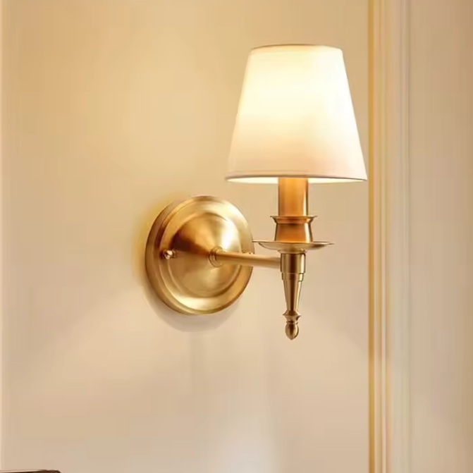 Classic Brushed Copper Wall Lamp | Elegant Cloth Shade Bedside Sconce