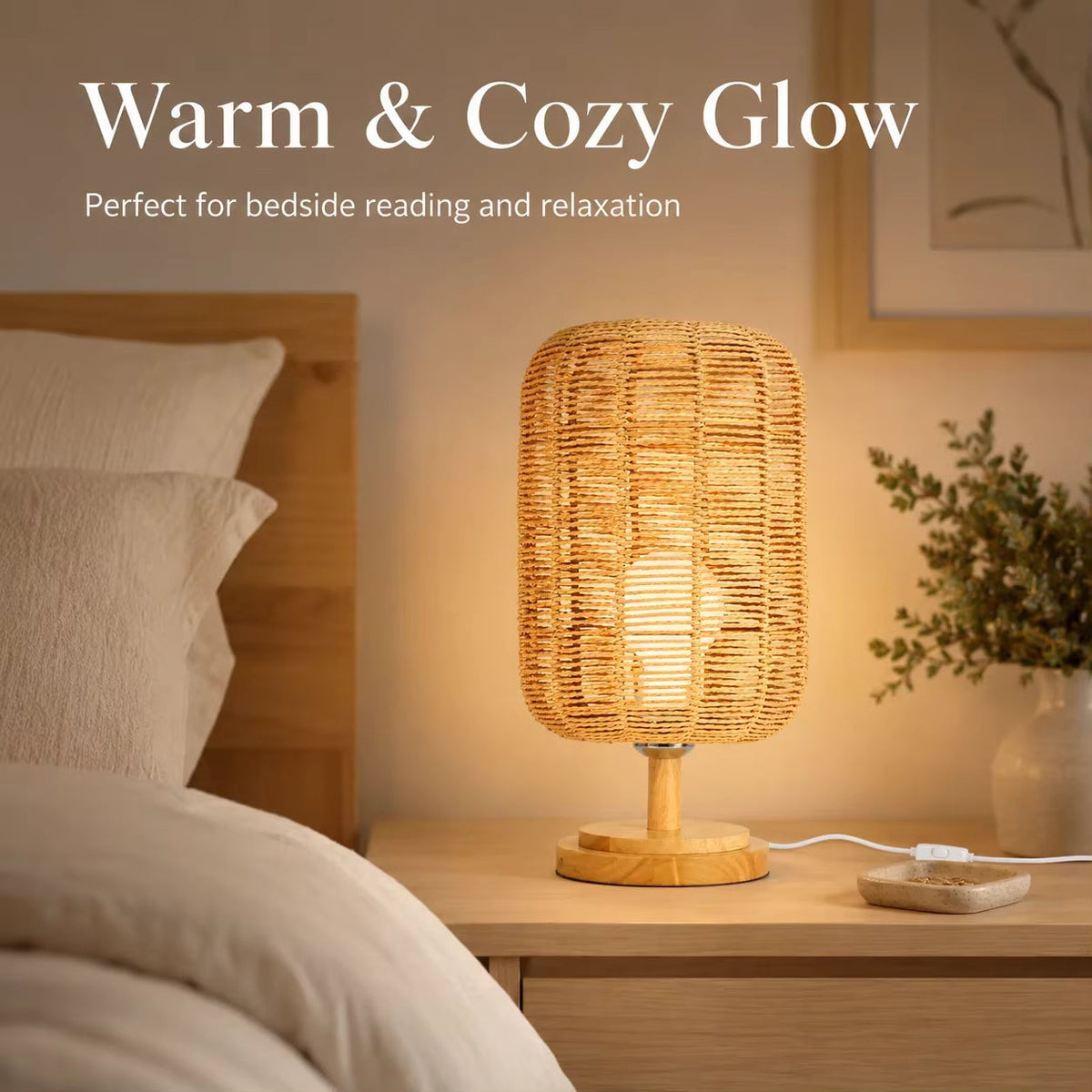 Handcrafted Natural Hemp Rope Table Lamp | Woven Wooden Base Desk Light