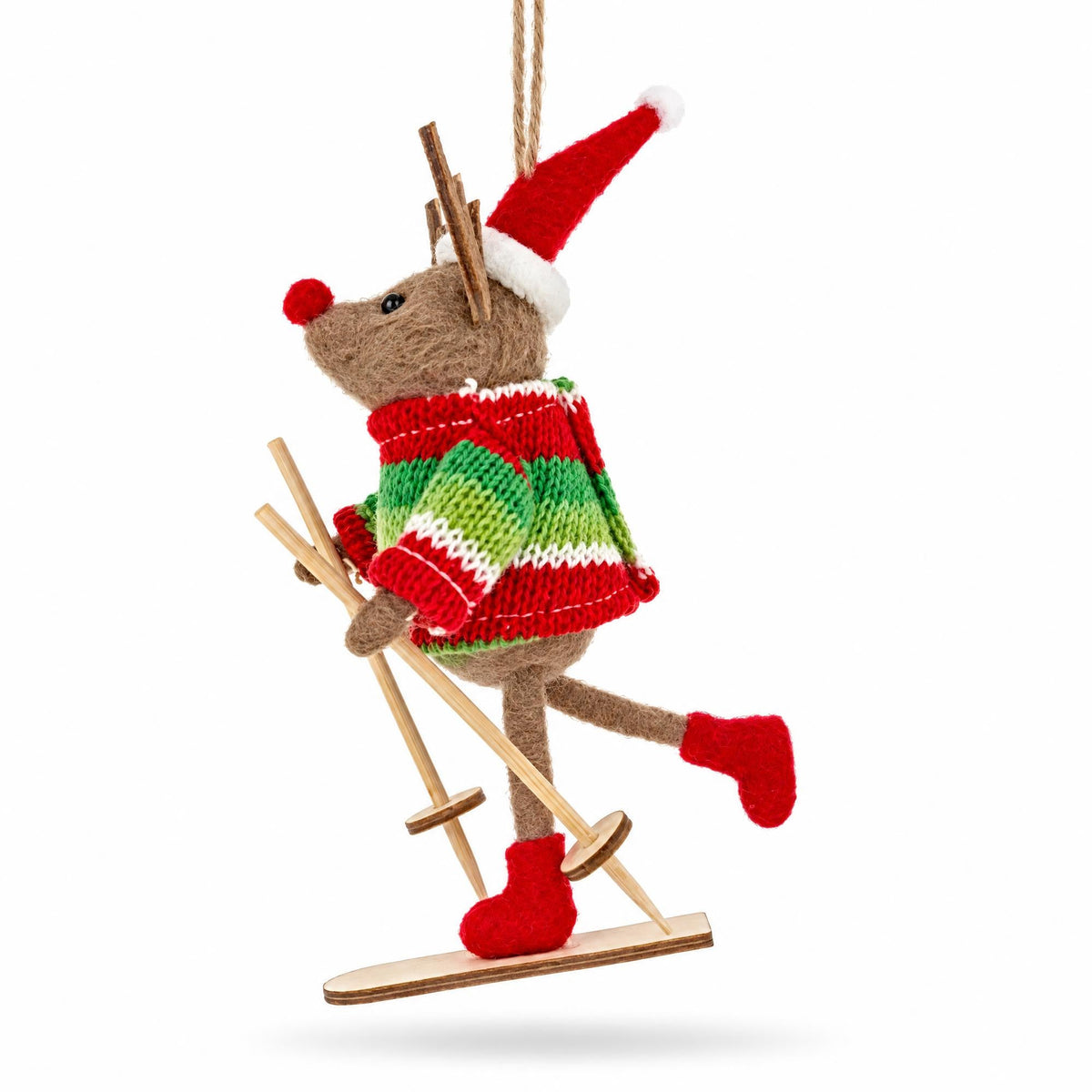 Skiing Reindeer Red Santa Hat Felt Fabric Christmas Ornament