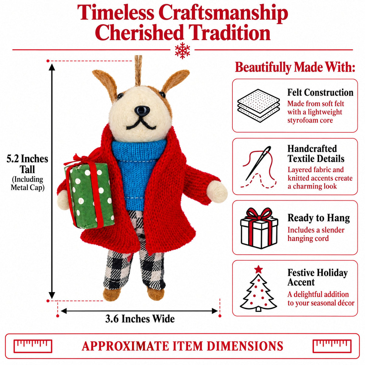 Dog In Plaid Pants With Present Felt Fabric Christmas Ornament