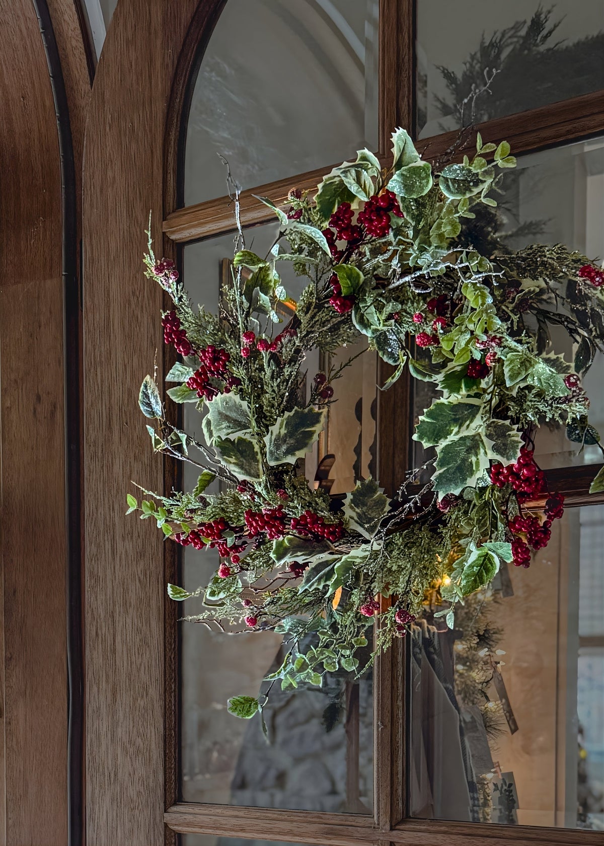 Winter Frost Holly and Red Berry Holiday Wreath 24 in
