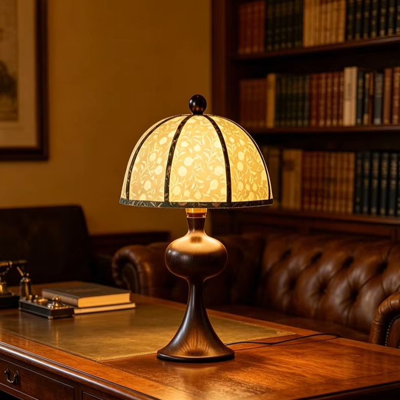 Classic Printed Fabric Shade Bedside Lamp with Carved Wooden Base