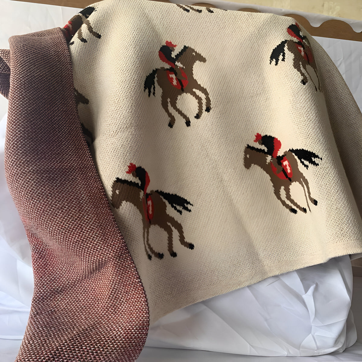 Horse Jockey Ecru Knitted Cotton Baby Blanket