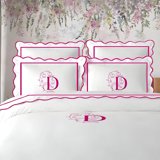 Monogram 400TC Cotton Scallop Embroidery & Border Sateen Solid Duvet Cover Set