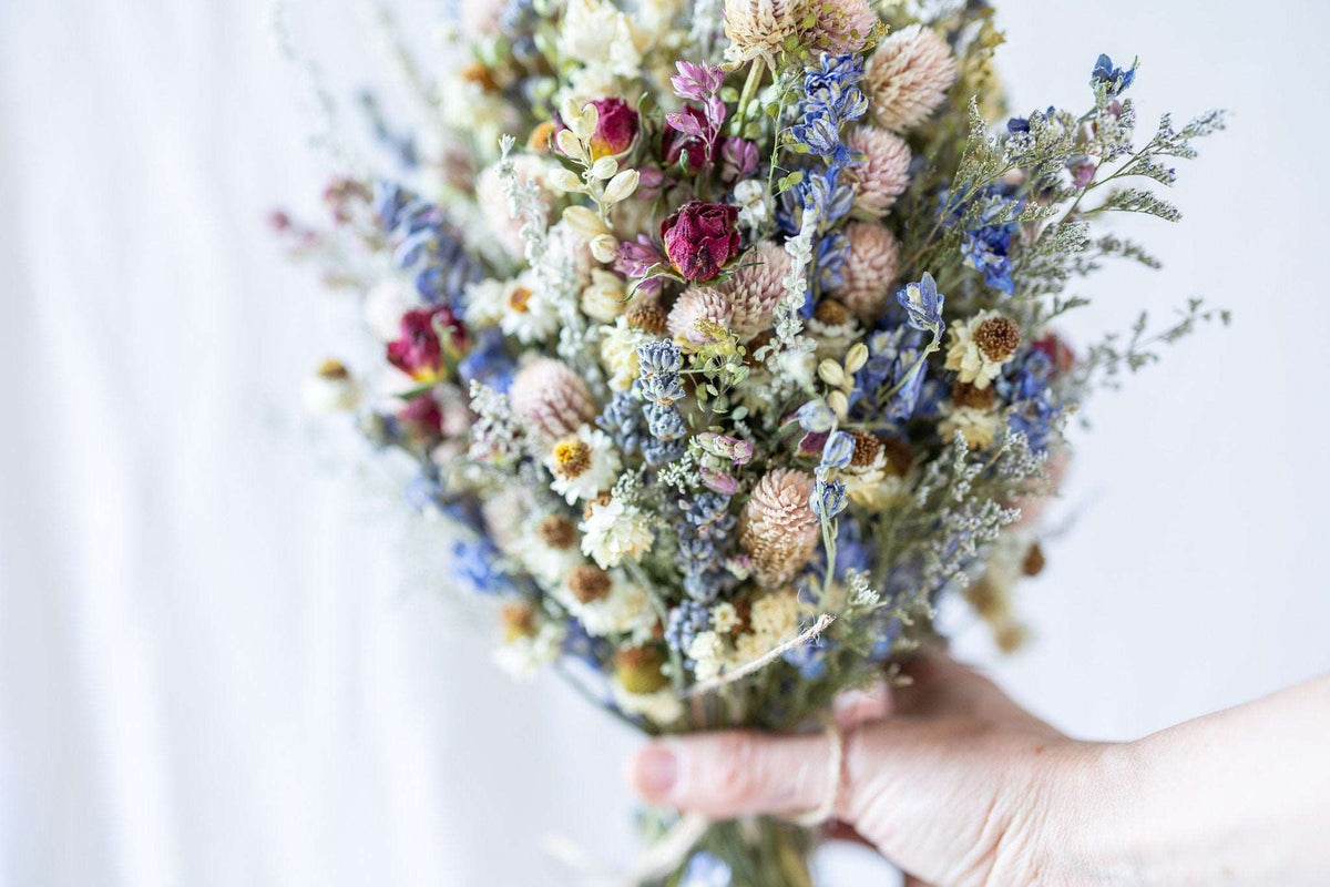 Dried Flower Corsage with Red Roses & Blue Lavender / Bridal bouquet for Wedding / Rustic Boho and Wedding Accessories / Wildflowers