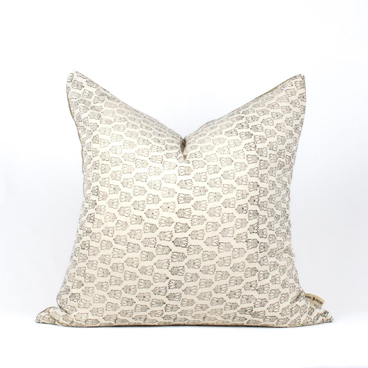 Hand Block Print Lumbar Cushion, Linen Front Cotton Back, Indian Floral Design, Neutral Accent Pillow For Chair Or Sofa Or Bed - TARA MINT