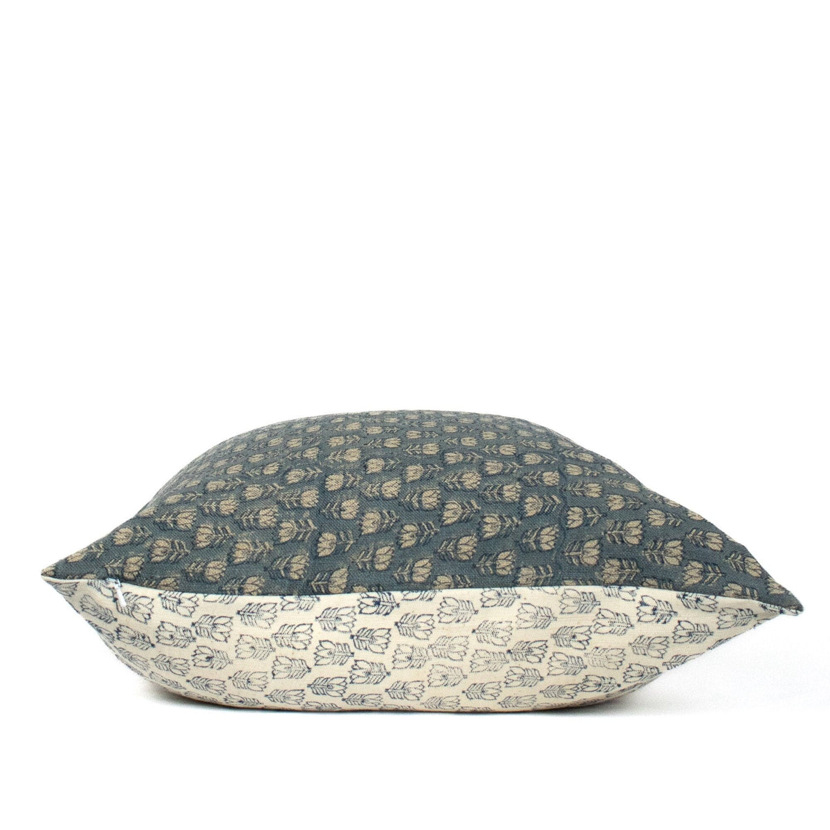 Hand Block Print Linen Pillow Cover, Teal Floral Accent
