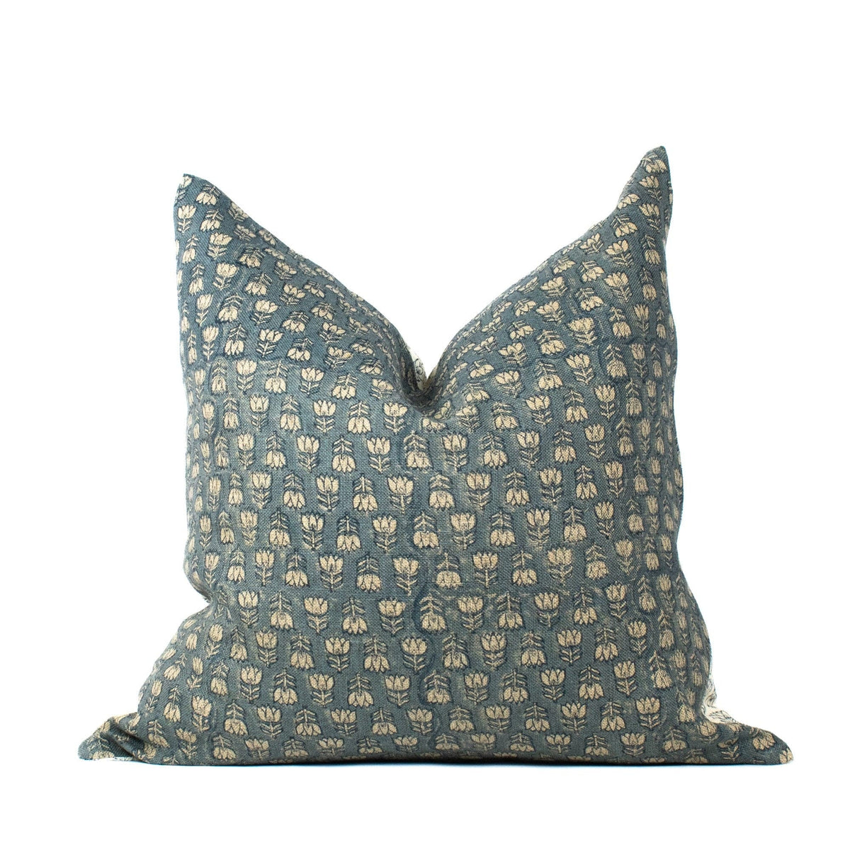 Hand Block Print Linen Pillow Cover, Teal Floral Accent