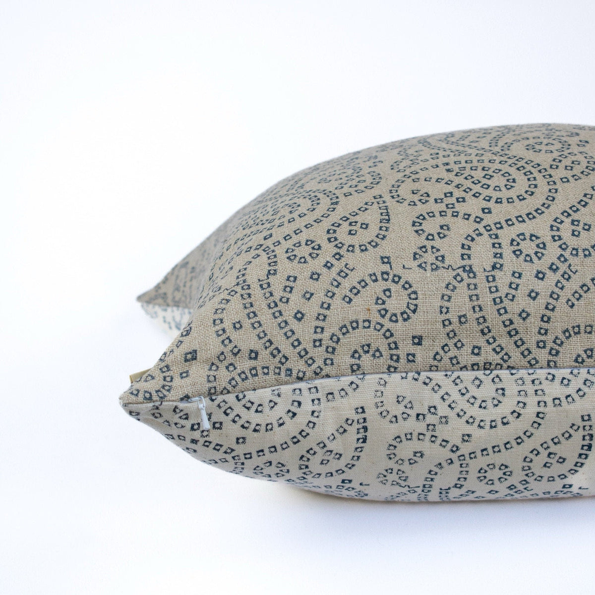 Indian Cushion Cover, Linen With Cotton Backing, Floral Blockprint, Handcrafted Lumbar Accent For Chair Or Sofa Or Couch - TULJA TEAL BL