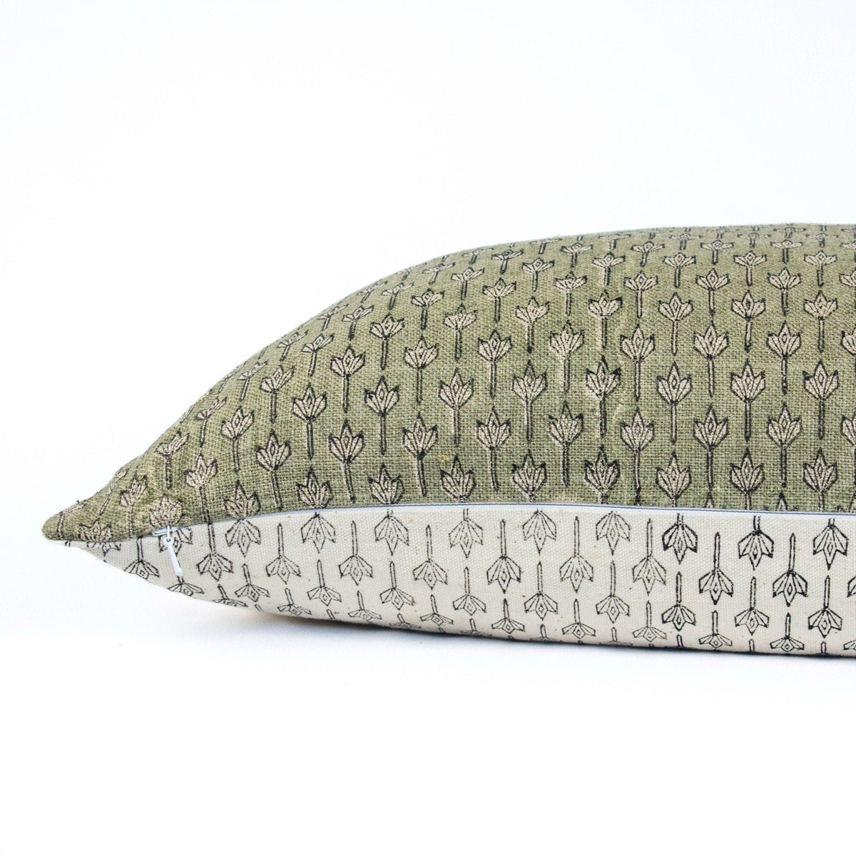 Modern Throw Pillow Case, Handprinted Linen Fabric, Indian-Inspired Blockprint Design, Lumbar Cushion, Floral Pillow Cover - ANANDI FERN