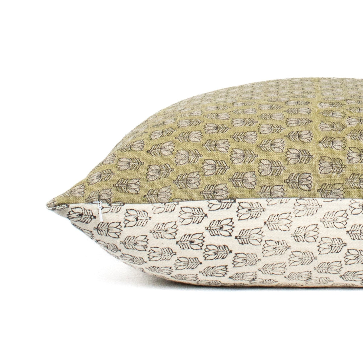 Hand Block Print Lumbar Cushion, Linen Front Cotton Back, Indian Floral Design, Neutral Accent Pillow For Chair Or Sofa Or Bed - TARA MINT