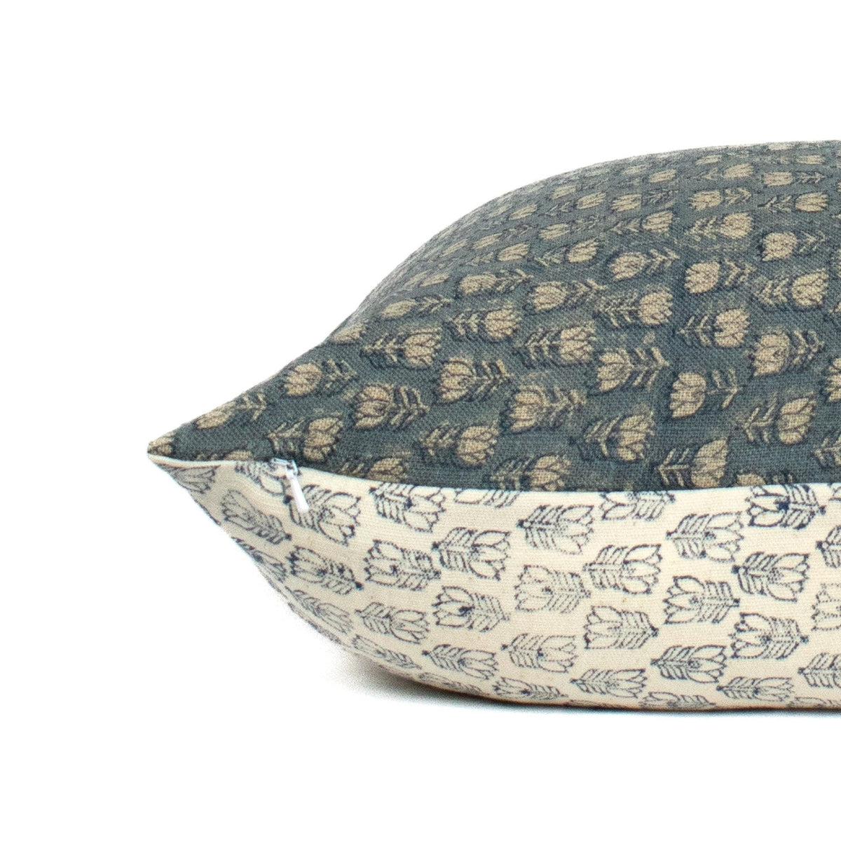 Hand Block Print Linen Pillow Cover, Teal Floral Accent