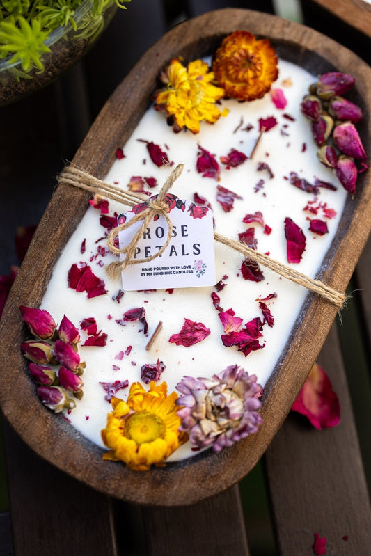 Bougie au soja Summer Rose Farmhouse | Bol en bois à trois mèches | Bougie à mèche en bois