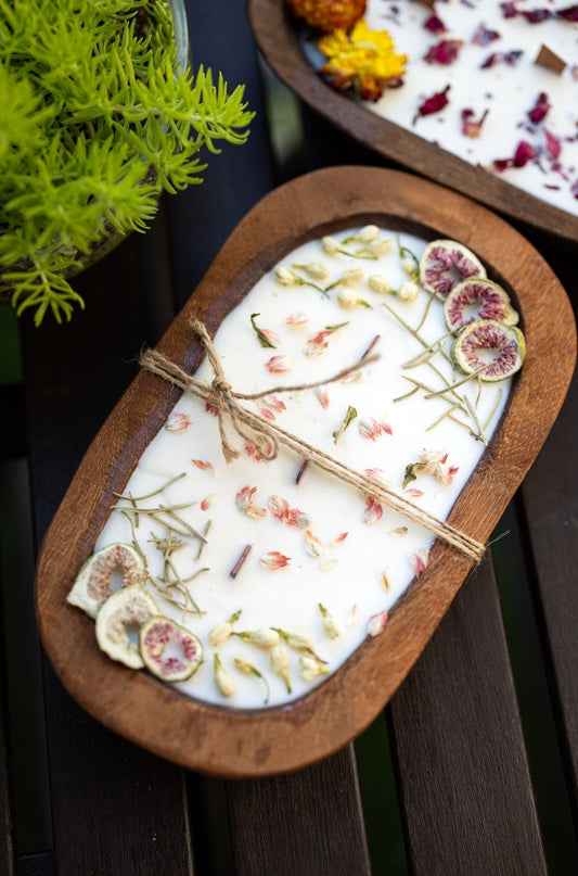 Bougie dans un bol en bois aux fruits et fleurs | Décoration style ferme | Bougie à 3 mèches en bois | Cadeau pour elle