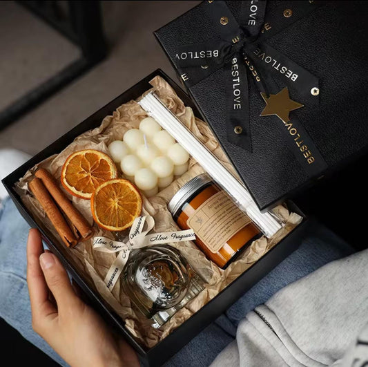 Coffret cadeau bougie en cire de soja 100 % naturelle et diffuseur à bâtonnets - Vente flash | Coffret cadeau de luxe noir pour elle