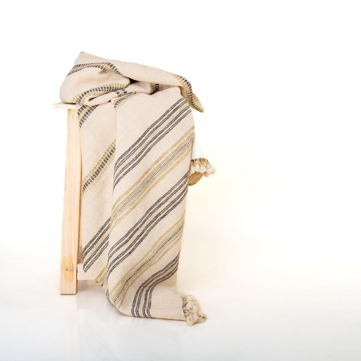 White Striped Indian Wool Throw Blanket, Handwoven Sofa Coverlet with Clean Bedroom Accent - MARBLE