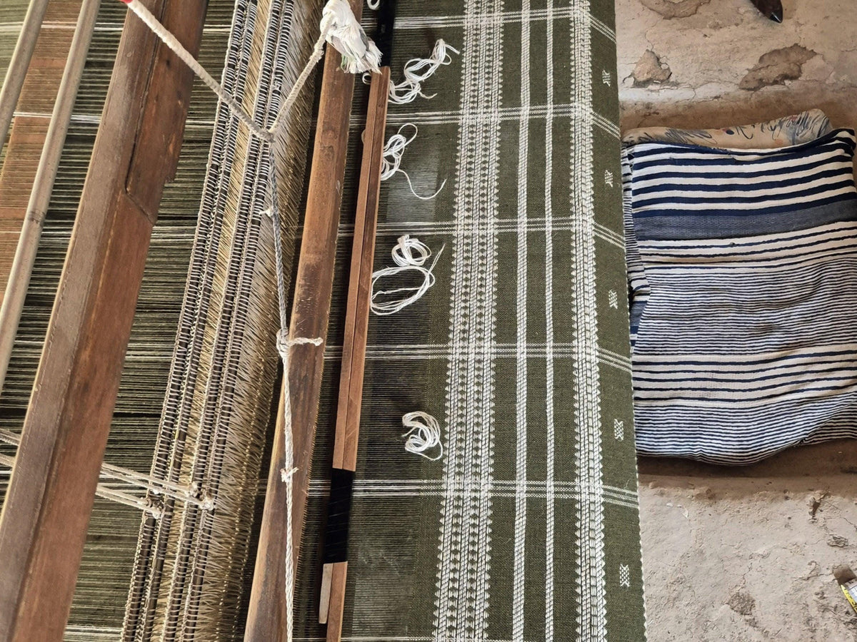 Olive Green Indian Wool Throw Blanket, Handwoven Couch Coverlet with Foot-of-Bed Layer - OLIVER