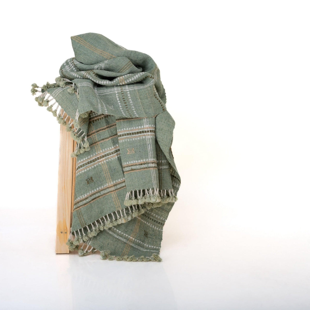 Sage Green Indian Wool Throw Blanket, Handwoven Sofa Coverlet with Japandi Bedroom Accent - JADE