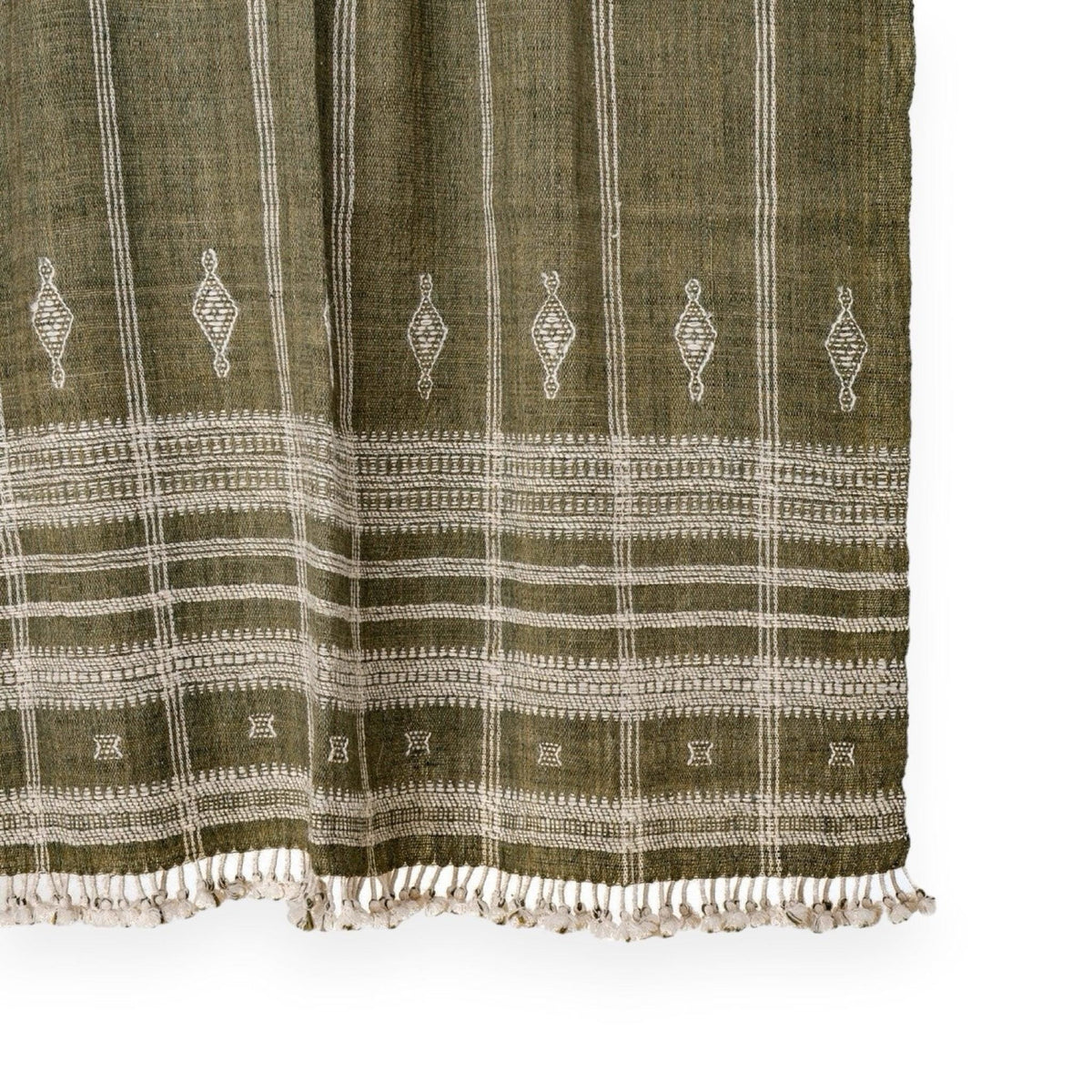 Olive Green Indian Wool Throw Blanket, Handwoven Couch Coverlet with Foot-of-Bed Layer - OLIVER