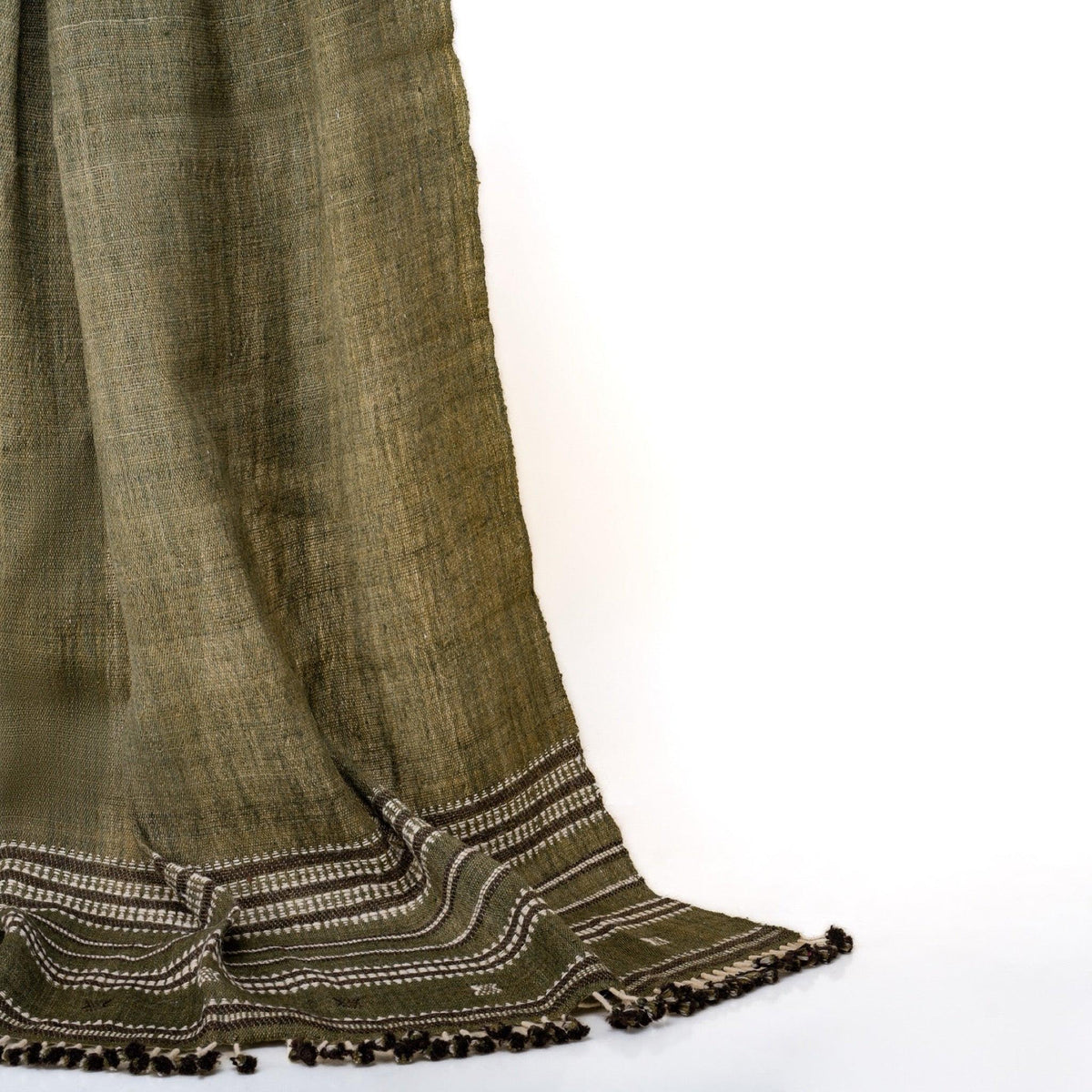 Olive Green Striped Indian Wool Throw Blanket, Handwoven Sofa Coverlet with Bed Accent - GARNET