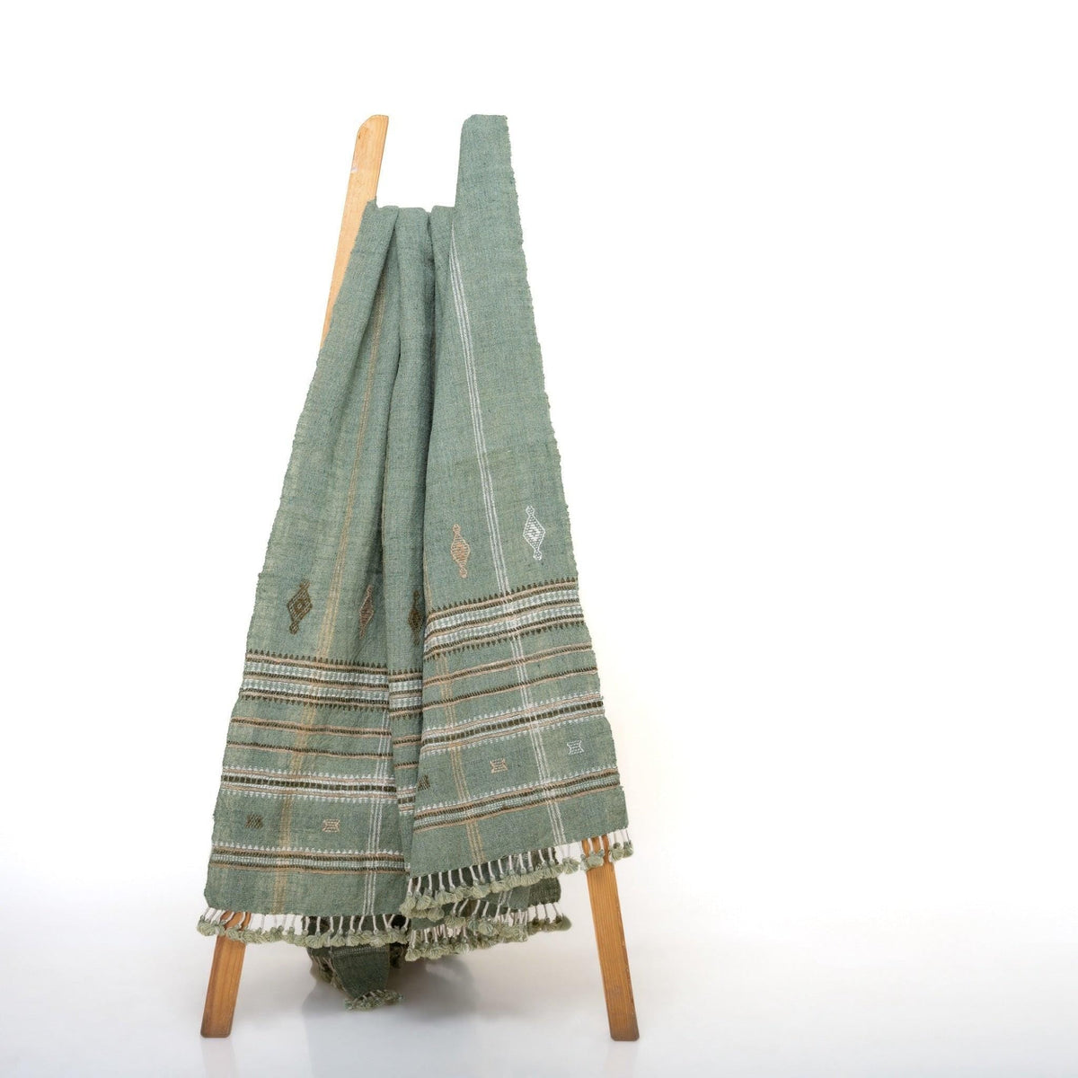 Sage Green Indian Wool Throw Blanket, Handwoven Sofa Coverlet with Japandi Bedroom Accent - JADE