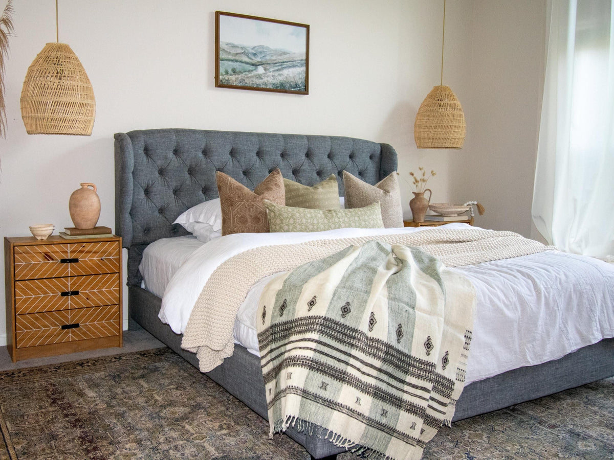 White Striped Indian Wool Throw Blanket, Handwoven Sofa Coverlet with Airy Bedroom Layer - MAGNOLIA