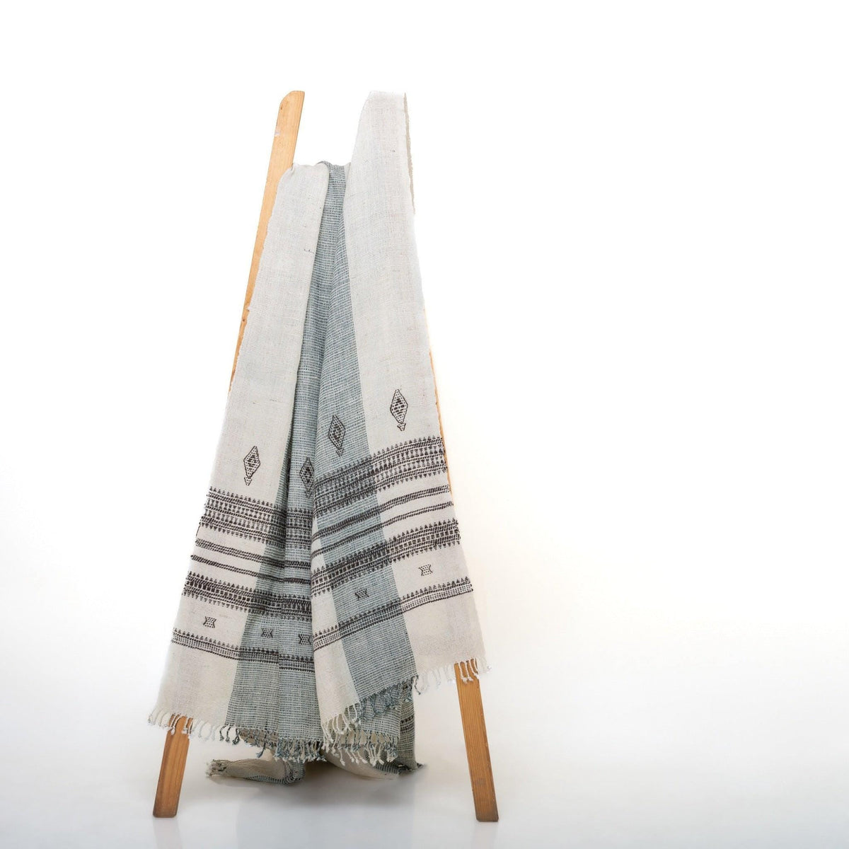 White Striped Indian Wool Throw Blanket, Handwoven Sofa Coverlet with Airy Bedroom Layer - MAGNOLIA