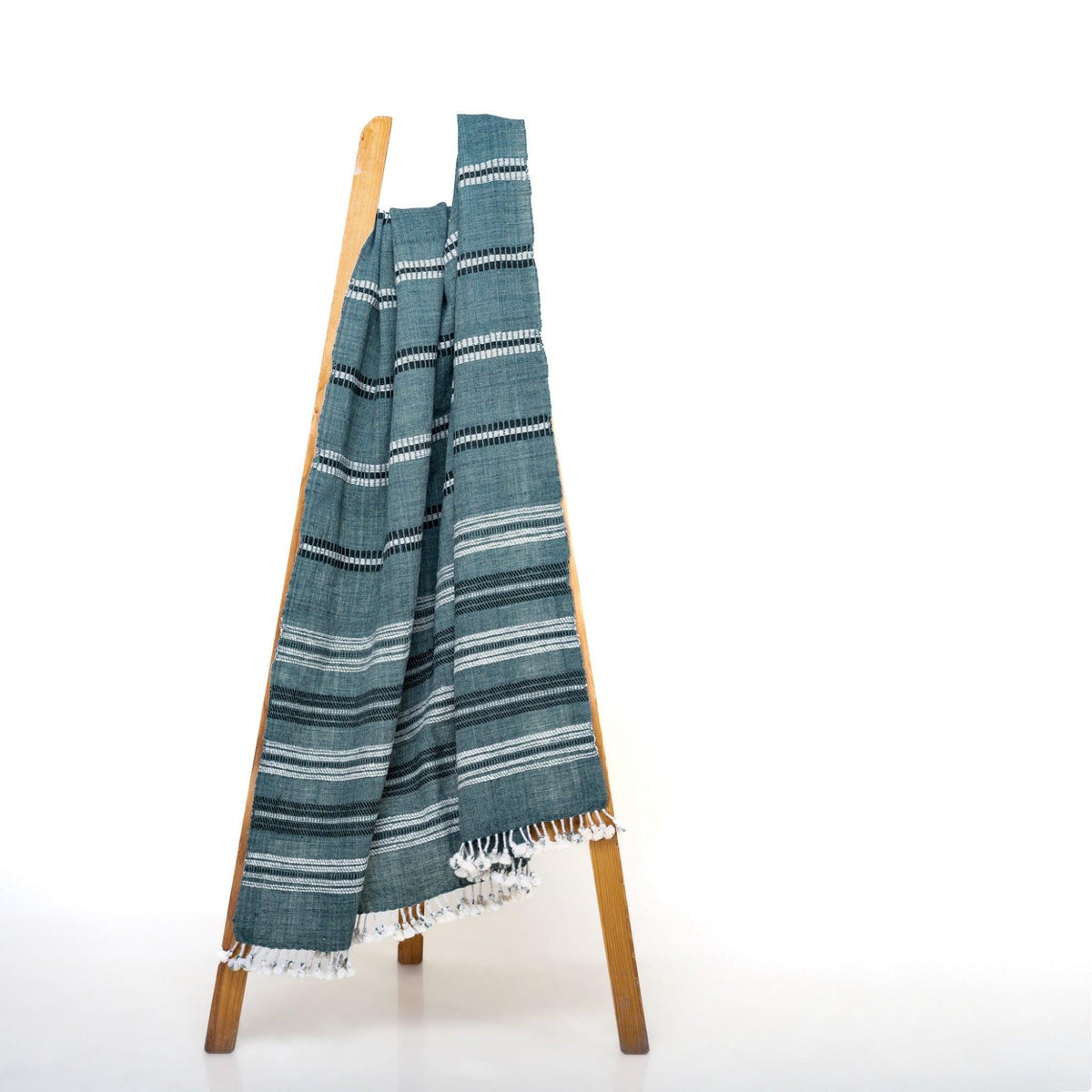 Teal Blue Striped Indian Wool Throw Blanket, Handwoven Couch Coverlet with Bed Accent - SAPPHIRE